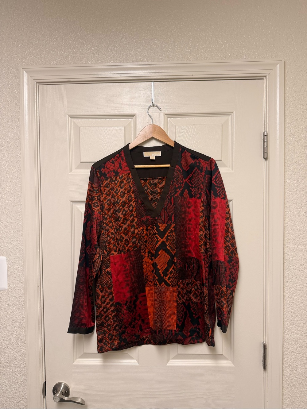 Michael Kors Red & Orange Patchwork V-Neck Blouse